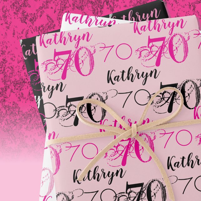70th birthday Pink Black White Set Personalized Wrapping Paper Sheets (in-situ depiction of wrapping paper set)