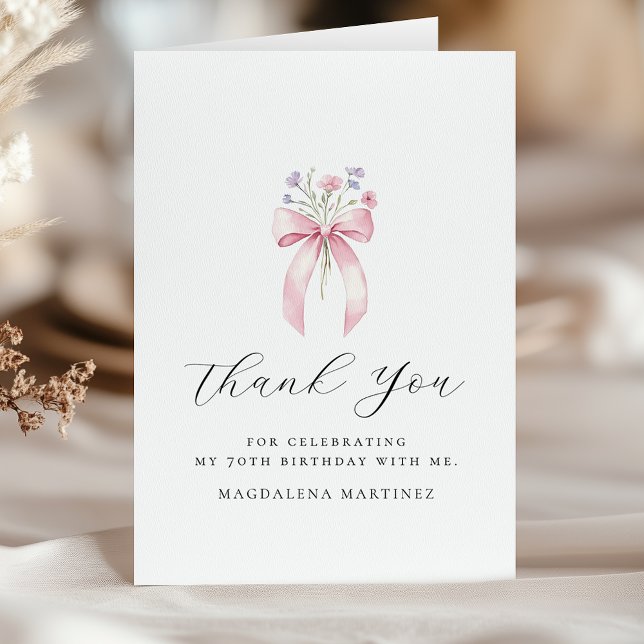 70th Birthday Pink Bow Wildflower Folded Letterpress Thank You Card (Creator Uploaded)