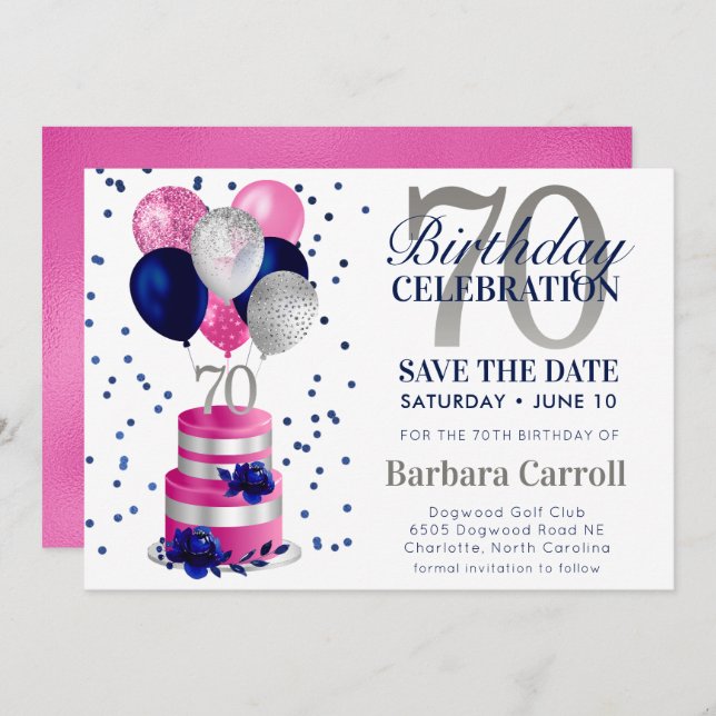 70th Birthday Pink Cake Save The Date Invitation (Front/Back)