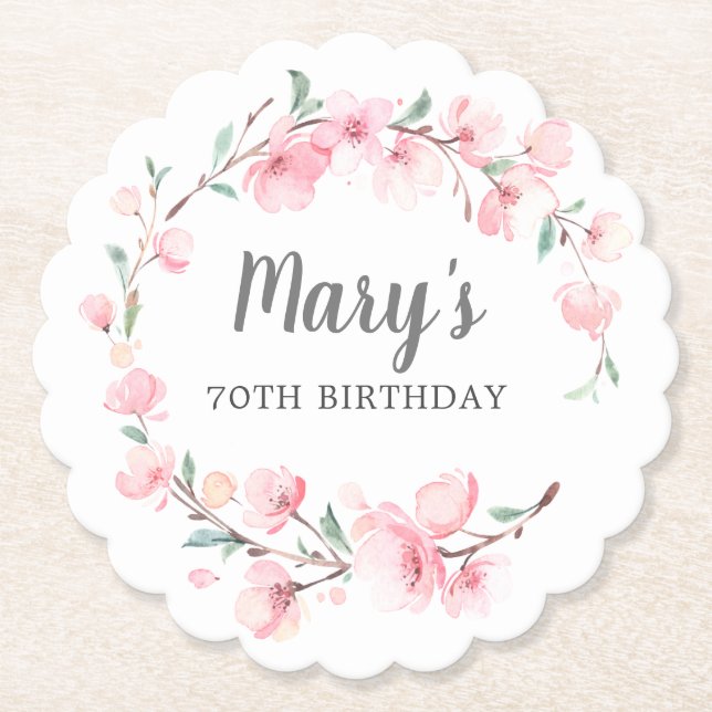 70th Birthday Pink Cherry Blossom Floral Paper Coaster (Front)