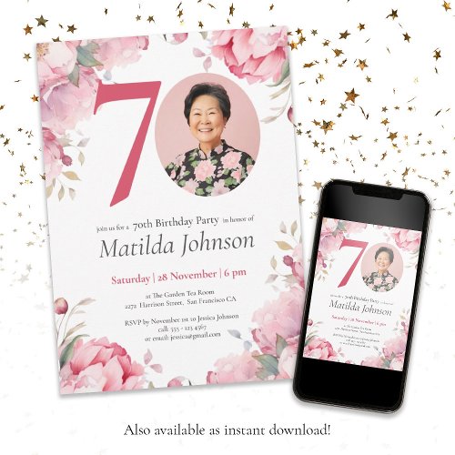 70th Birthday Pink Floral Botanical Custom Photo  Invitation
