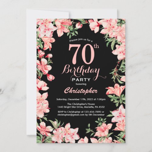 70th Birthday Pink Floral Flowers Black Background Invitation