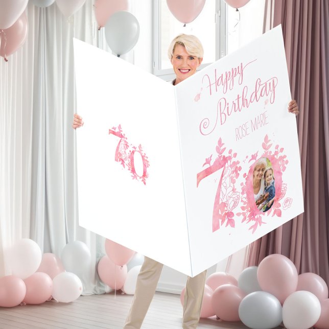 70th Birthday Pink Floral Numbers Jumbo Photo Card (Creator Uploaded)