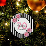 70th birthday pink florals black stripes name ceramic ornament<br><div class="desc">Classic slim black and white vertical stripes as background. With girly, feminine and romantic pink roses as decoration. A white and black frame on front with template for age, name and date. Age number 70 in pink, name and date in black. The name is written with a hand-lettered style script....</div>