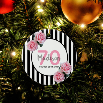 70th Birthday Pink Florals Black Stripes Name Ceramic Ornament by EllenMariesParty at Zazzle