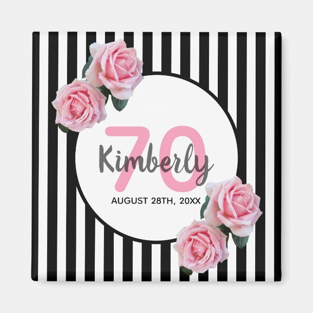 70th birthday pink florals black stripes name magnet (Front)