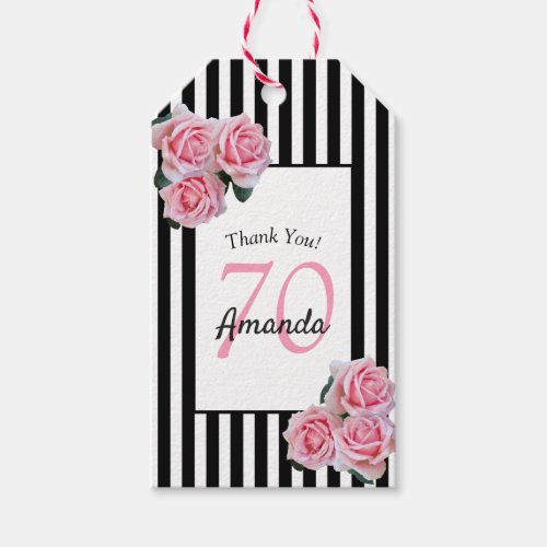 70th birthday pink florals on black white stripes gift tags