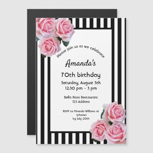 70th birthday pink florals on black white stripes magnetic invitation