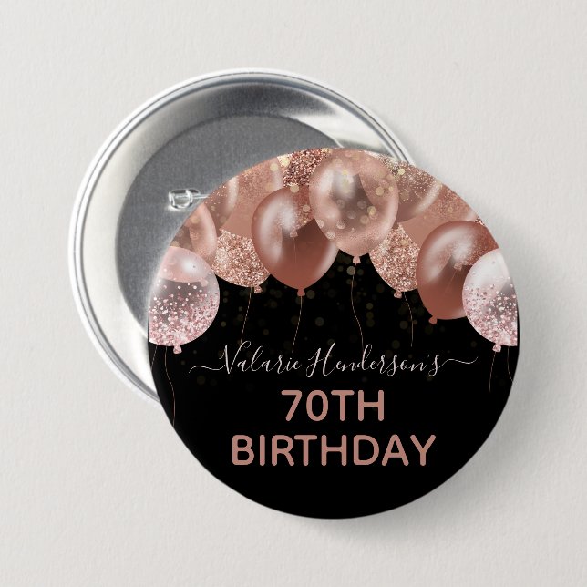 70th Birthday Pink Glitter Balloons Button (Front & Back)