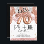 70th Birthday Pink Glitter Save the Date<br><div class="desc">hello 70 birthday party save the date pink glitter balloons. Save the date rose gold number balloons with faux pink glitter. Girly,  elegant,  trendy. Easy to adjust template.</div>