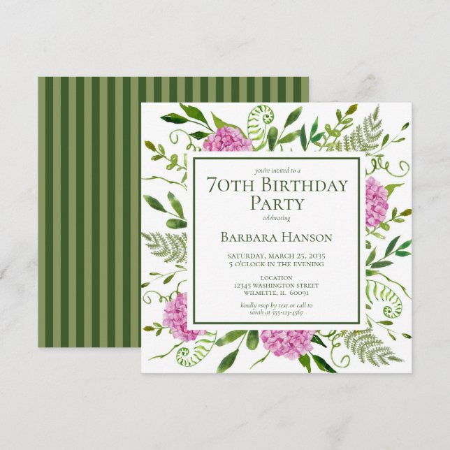 70th Birthday Pink Hydrangeas Invitation (Front/Back)