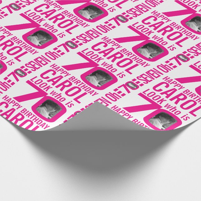 70th birthday pink look 70 custom photo and name wrapping paper (Corner)