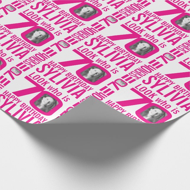70th birthday pink look 70 custom photo name wrapping paper (Corner)
