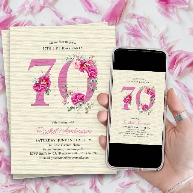 70th Birthday Pink Peony Floral Number 70 Invitation (70th Birthday Invitation with pink floral number 70 - elegant vintage design with roses and peonies)