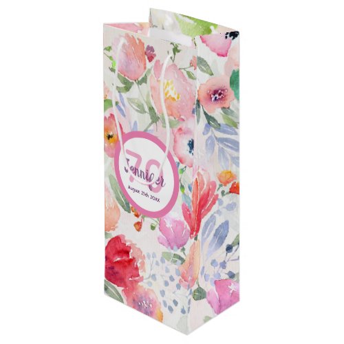 70th birthday pink purple florals elegant wine gift bag