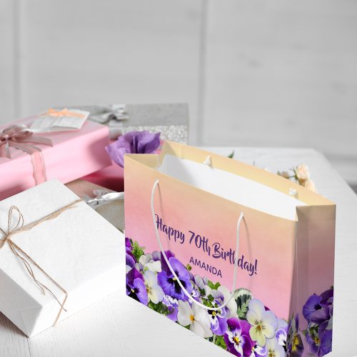 70th Birthday pink purple florals monogram Large Gift Bag