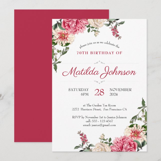 70th Birthday Pink Red Floral Botanical Elegant Invitation (Front/Back)