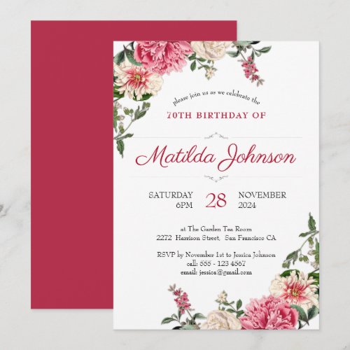70th Birthday Pink Red Floral Botanical Elegant Invitation