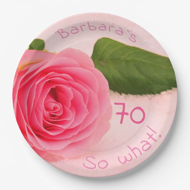 70th Birthday Pink Rose Custom Name Motivational Paper Plates (Front)