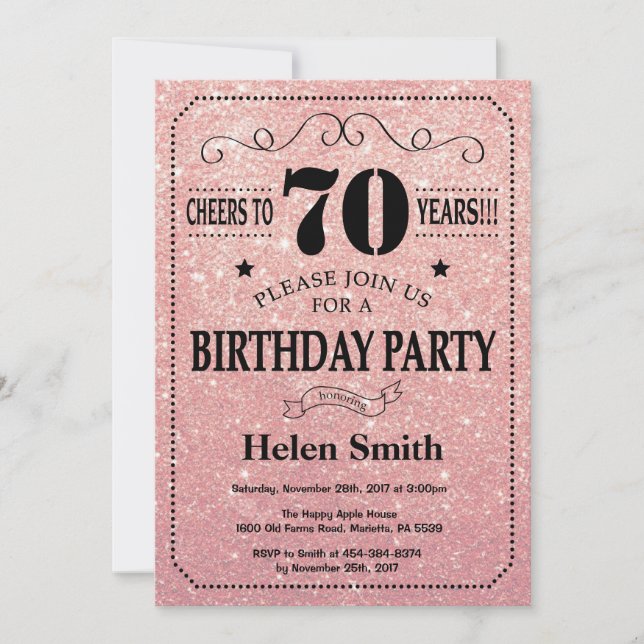 70th Birthday Pink Rose Gold Glitter Invitation (Front)