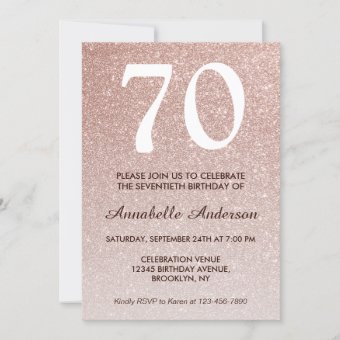 70th Birthday Pink Rose Gold Glitter Sparkle Ombre Invitation | Zazzle