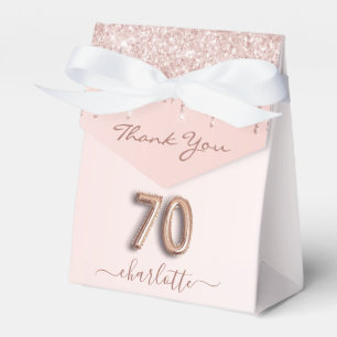 70th birthday pink rose gold glitter thank you favor boxes
