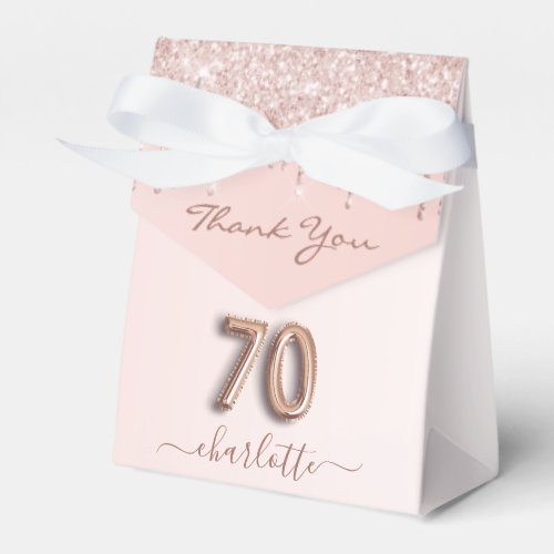 70th birthday pink rose gold glitter thank you favor boxes