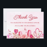 70th Birthday Pink Rose Swirly Heart Thank You<br><div class="desc">Girly girls of all ages will love this feminine design. Pretty pink watercolor roses and whimsical swirly hearts create the perfect 70th birthday thank you card for a February or Valentine's Day birthday. Candy and macarons add to the sweet design. The softest pink watercolor wash frames the text and graphics...</div>