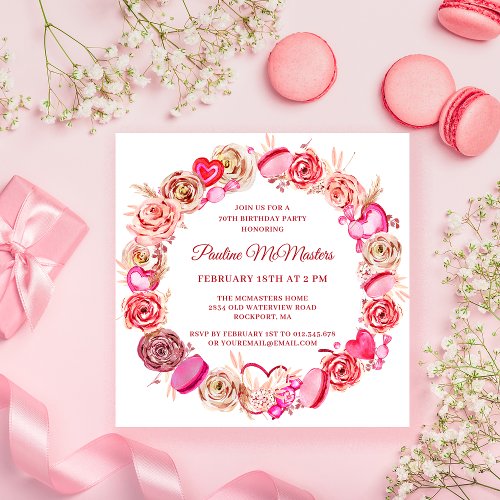 70th Birthday Pink Rose Swirly Heart Valentine Invitation