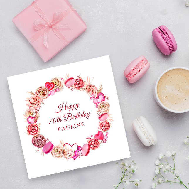70th Birthday Pink Rose Swirly Heart Valentine's  Napkins (Creator Uploaded)