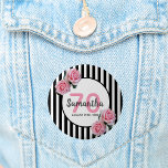 70th birthday pink roses black white stripes button<br><div class="desc">Classic slim black and white vertical stripes as background. With girly, feminine and romantic pink roses as decoration. A white and black frame on front with template for age, name and date. Age number 70 in pink, name and date in black. The name is written with a hand-lettered style script....</div>