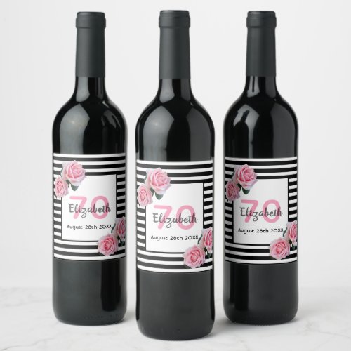 70th birthday pink roses black white stripes wine label