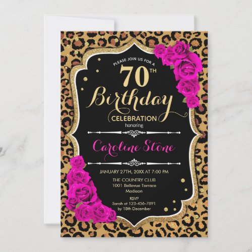 70th Birthday _ Pink Roses Leopard Print Invitation