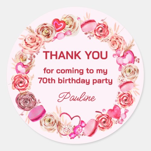 70th Birthday Pink Roses Swirly Heart  Classic Round Sticker