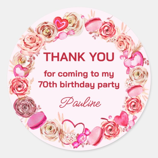 70th Birthday Pink Roses Swirly Heart  Classic Round Sticker (Front)