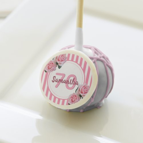 70th birthday pink stripes flowers name cake pops