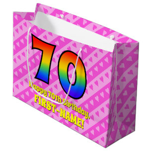 70th Birthday: Pink Stripes & Hearts, Rainbow # 70 Large Gift Bag