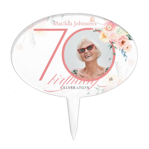70th Birthday Pink Watercolor Flowers Custom Photo Cake Topper