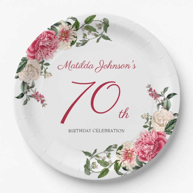 70th Birthday Pink White Elegant Floral Botanical  Paper Plates (Front)