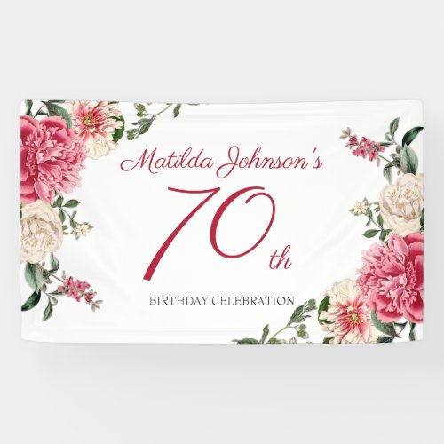 70th Birthday Pink White Floral Classy Botanical   Banner