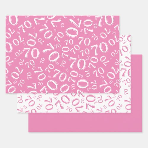 70th Birthday Pink  White Number Pattern 70 Wrapping Paper Sheets