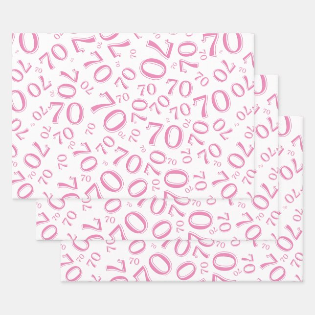 70th Birthday Pink & White Number Pattern 70 Wrapping Paper Sheets (Set)