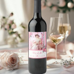 70th birthday pink white stripes floral name photo wine label<br><div class="desc">A label for a fun 70th birthday party. Classic slim pink and white vertical stripes as background.  With girly and feminine flowers,  pink roses and peonies as decoration.  
A frame on front with template for age 70,  name and dates. Template for your own vertical photo.</div>
