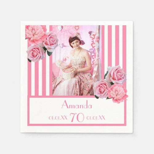 70th birthday pink white stripes floral photo napkins