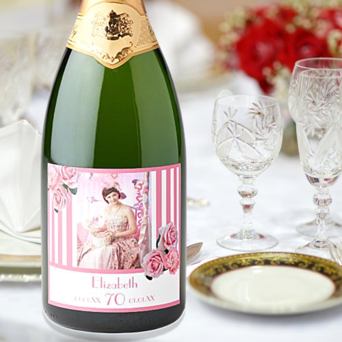70th birthday pink white stripes floral photo sparkling wine label