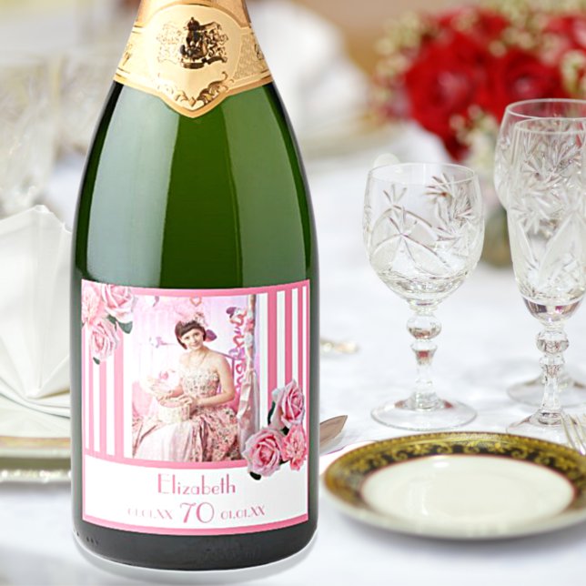 70th birthday pink white stripes floral photo sparkling wine label (Creator Uploaded)