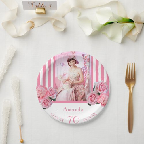 70th birthday pink white stripes florals photo paper plates