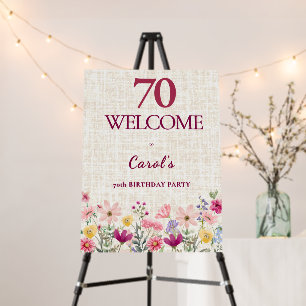 70th Birthday Pink Wildflower Linen Welcome Sign
