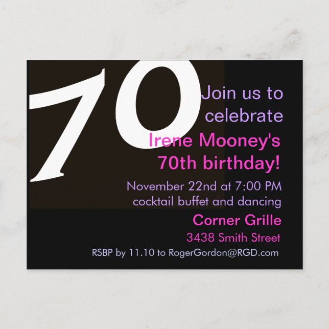 70th Birthday Postcard Invitation 70th Seventieth (Front)