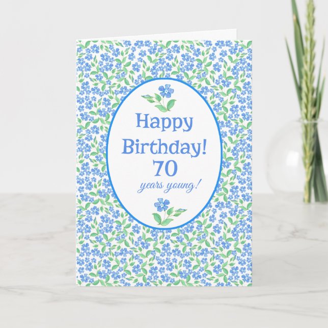 70th Birthday Pretty Blue Green Periwinkle Flowers Card (Front)